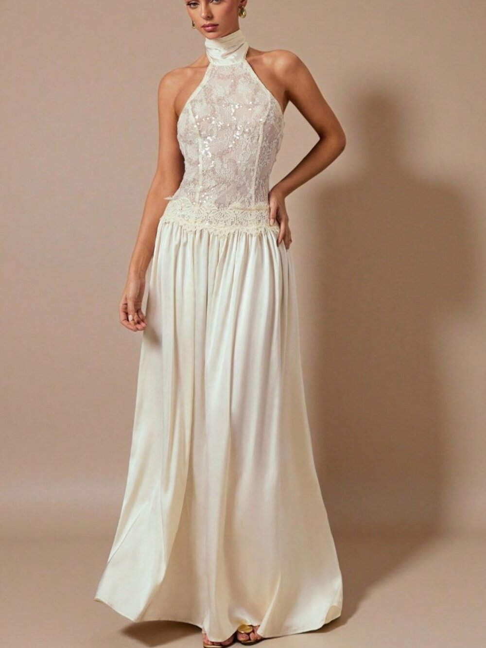 Apricot Party Women's Lace Sexy Elegant Satin Halter Bowknot Dress